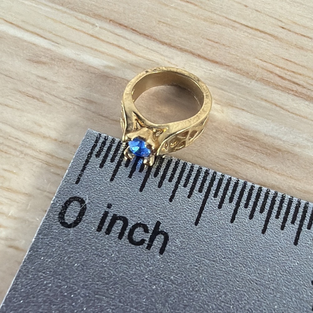 Vintage Avon Blue Birthstone Ring Charm Pendant Gold Tone Glass 0.5"